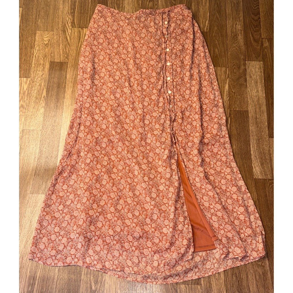 American Eagle Floral Maxi Skirt Terracotta Rust Button Front Slit Lined L NWT
